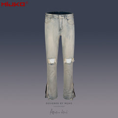 Mens Vintage Pants Zipper Slim Fit Ripped Old Jeans MIJKO