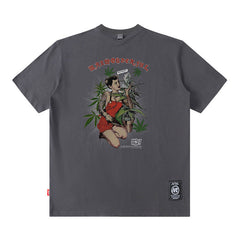 Men T Shirt Amekaji Vintage Printed Pure Cotton Loose Short Sleeve T-shirt for Men and Women