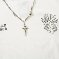 Men Long Sleeve T Shirt Cross Letter Print Necklace Decoration