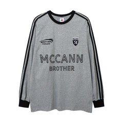 Men Long Sleeve T Shirt Patchwork Stripes Embroidery Loose Sports