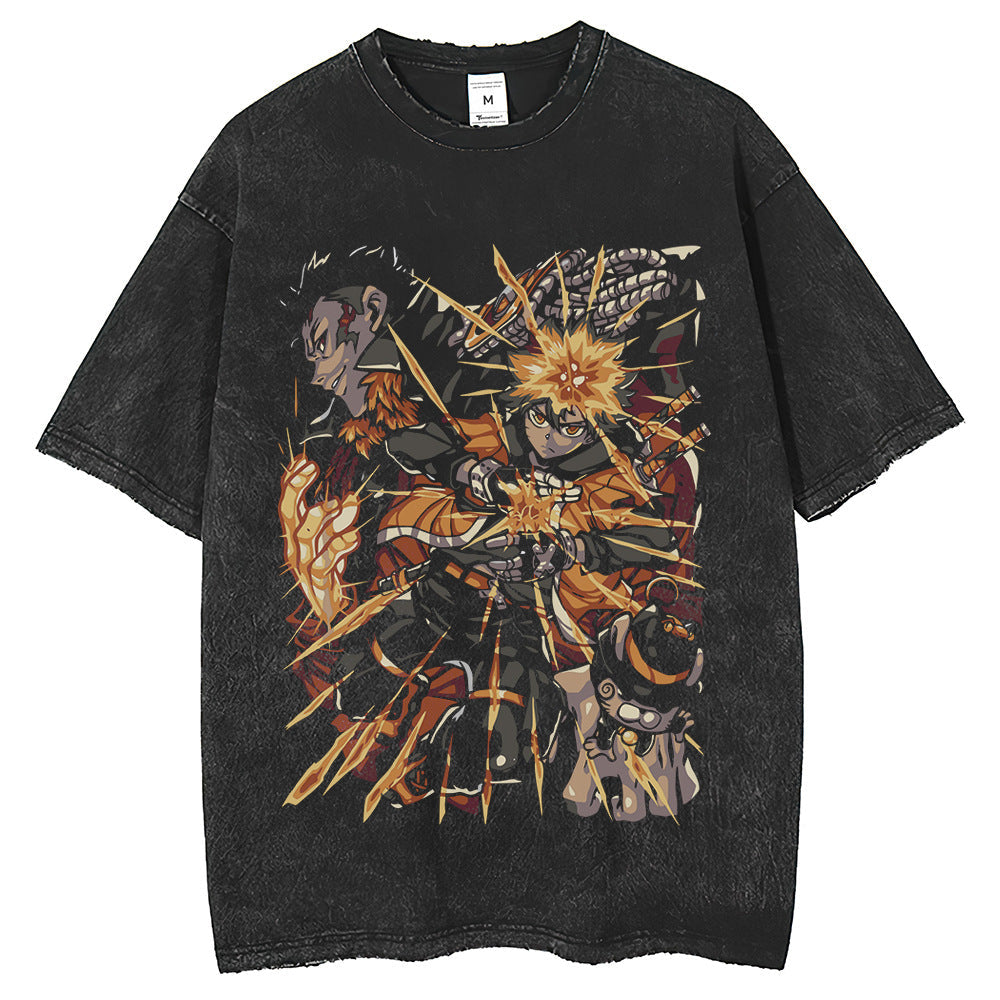 Men T Shirts Vintage Two Dimensional Dayman Washing Water Printing