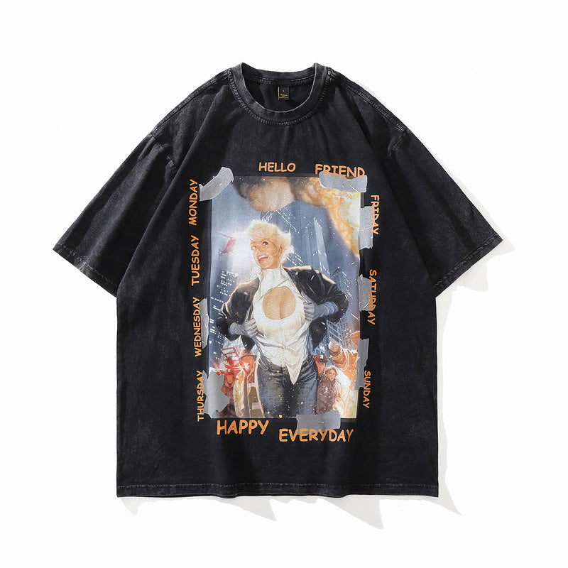 T-shirt imprimé pour homme et femme, style rétro hip-hop, à manches courtes