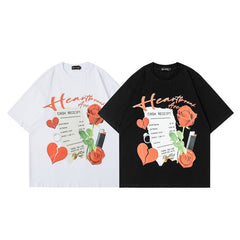 Men T Shirt Rose Print Couple Casual Street All-Match Short-Sleeved T-shirt Men