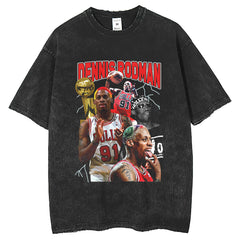 Men T Shirts Washed Water Retro Old T-Shirt Rodman White Ink Printing