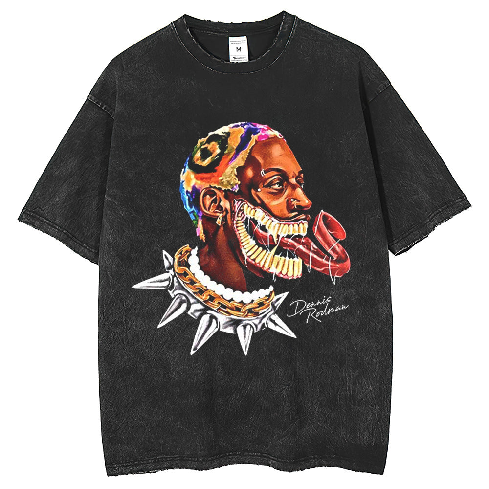 Mens T Shirts Loose Rodman Print Vintage Wash T-Shirt