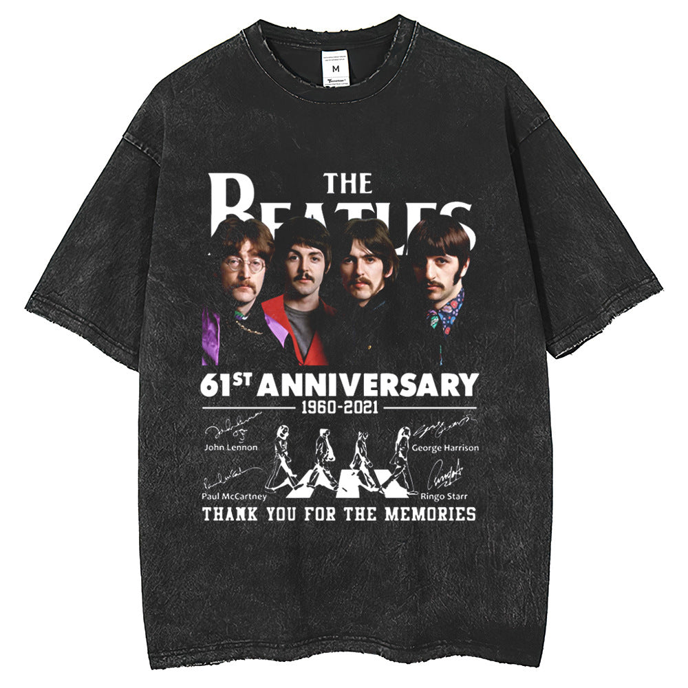 Men T Shirts Short Sleeve Washed Old Loose Crew Neck Printed T-Shirt