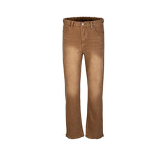 MIJKO men's clothing women's autumn and winter urban cat whiskers elastic waist trousers men's and women's same washed white brown jeans
