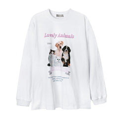 Men Long Sleeve T Shirt Dogs and Cats Animal Print Length Undershirt T-shirt