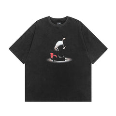 Men T Shirt Retro Washed Hip Hop Print Short Sleeve T-shirt Men