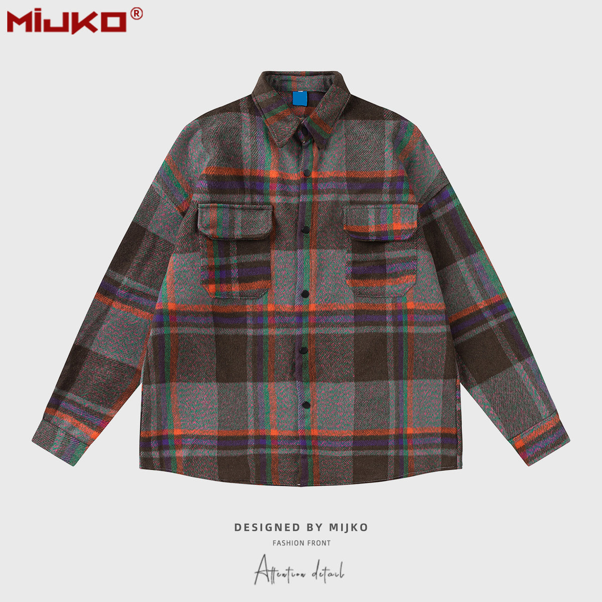 GGGard MIJKO series men's clothing women's plaid printing high street shirt men's and women's same arc hem shoulder three-color shirt multi-size