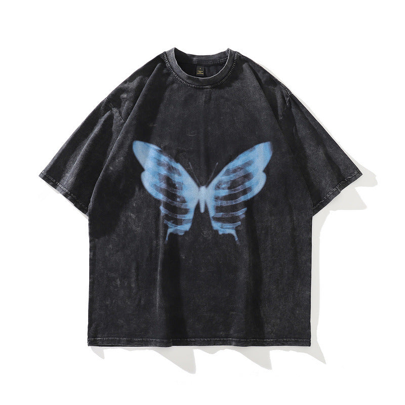 T-shirt homme vintage vieilli imprimé manches courtes T-shirt ample d'été pour hommes et femmes