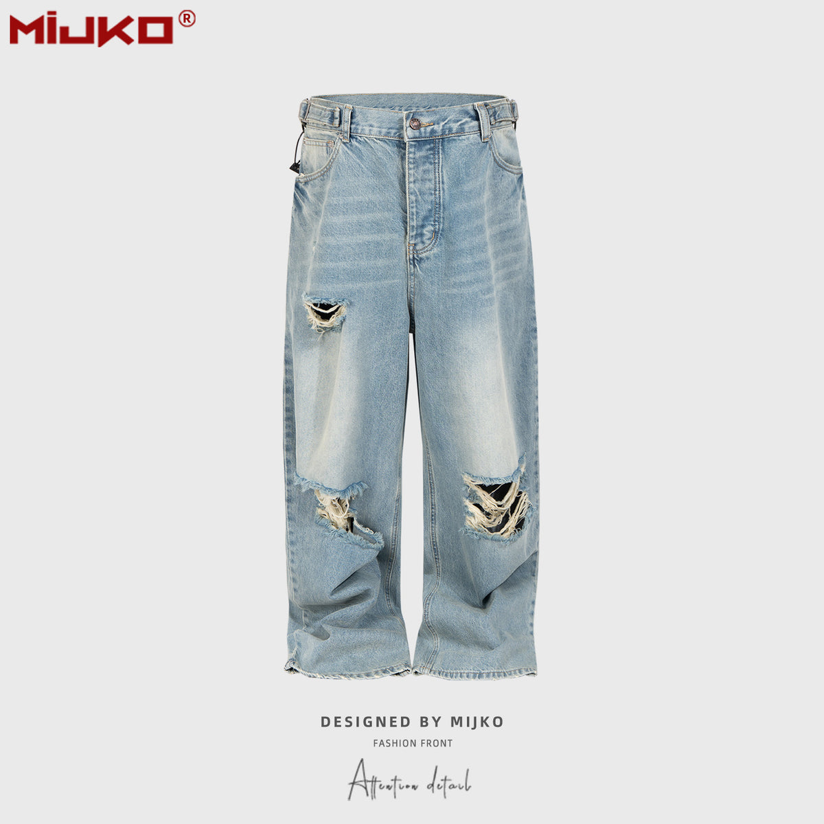 GGGard MIJKO series men's wear women's straight tube tear damage trousers men's and women's same Baggy knife cut silhouette ripped blue jeans