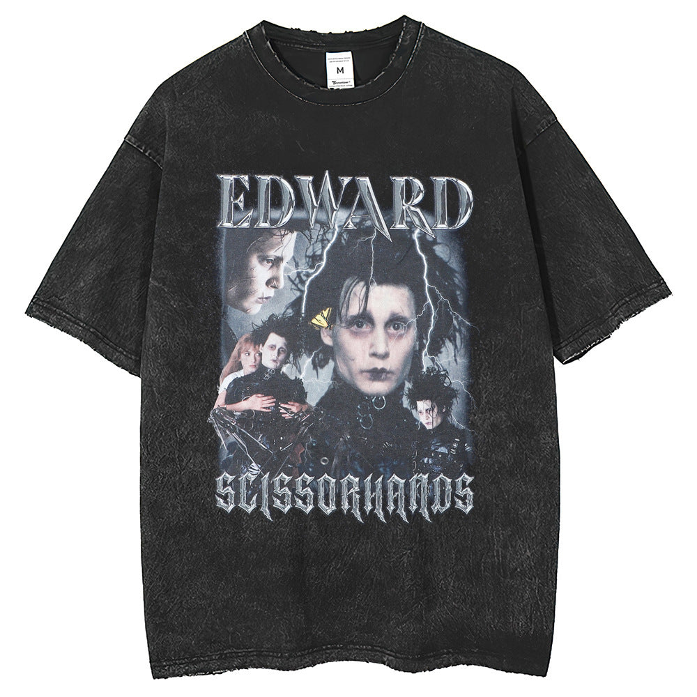 Mens T Shirts Washing Water Old Printed Short Sleeve T-Shirts Loose