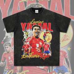 Mens Vintage Football T-Shirt Vintage Yamal Printed Short Sleeve T-Shirt Washed Old Loose