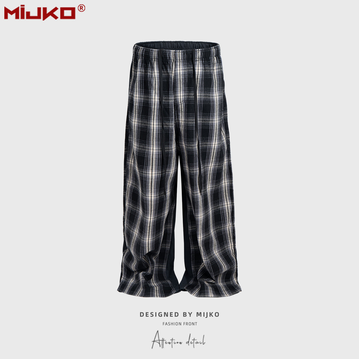 GGGard MIJKO series men's women's Paris deconstruction splicing plaid casual pants men's and women's same contrasting color cat whisker drawstring trousers tide