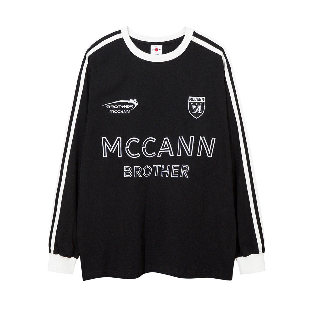 Men Long Sleeve T Shirt Patchwork Stripes Embroidery Loose Sports