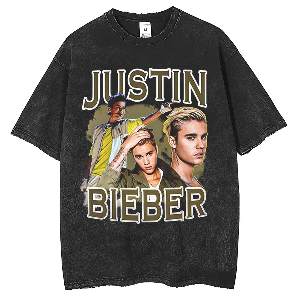 Mens T Shirts Justin bieber printed street short sleeve T-shirt retro washed old