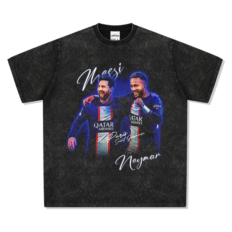 Mens Vintage Football T-Shirt BC Neymar Messi Vintage Print Long Sleeve Short Sleeve T-Shirt Washed and Old