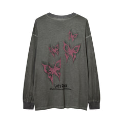 Men Long Sleeve T Shirt Butterfly Print Distressed