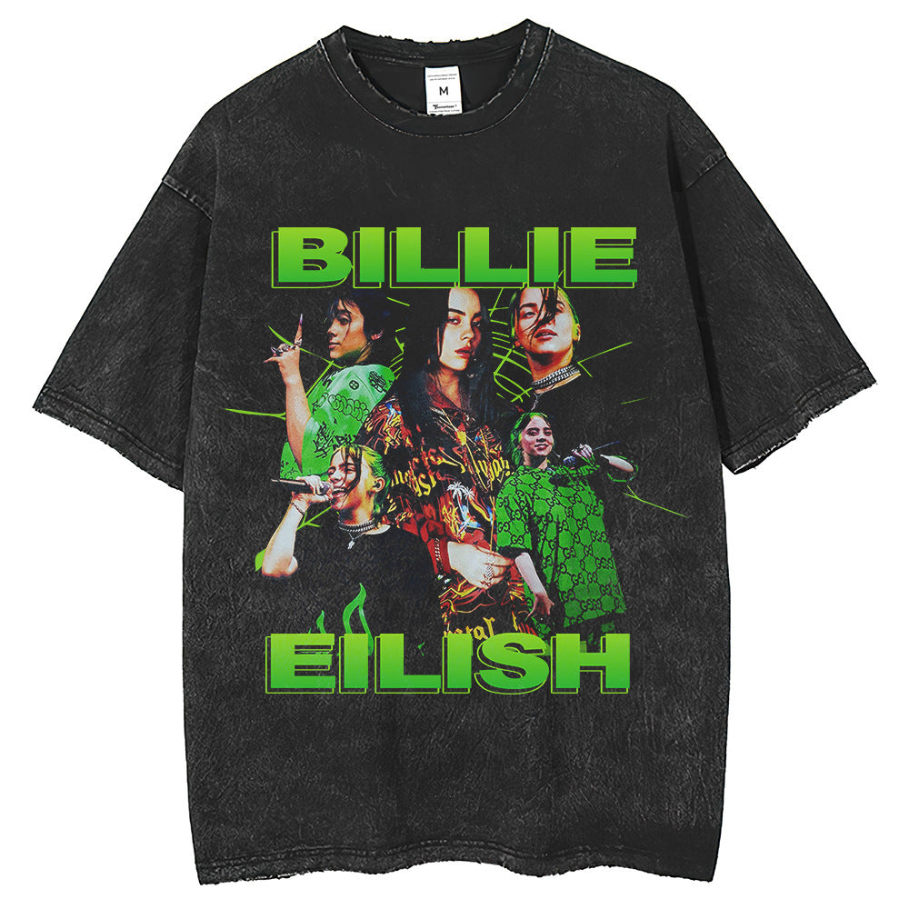 Mens T Shirts Loose Wash Old Billie Short Sleeve T-Shirt Print