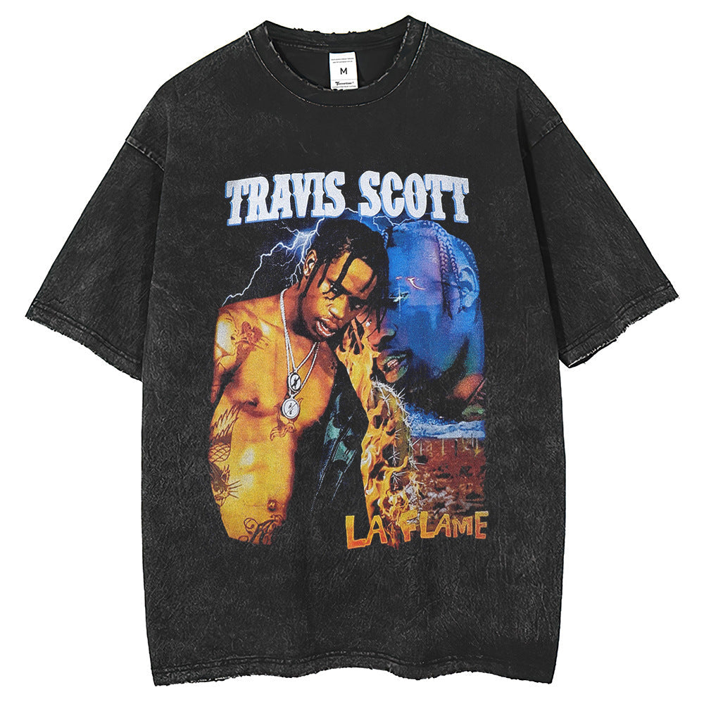 Mens T Shirts travis printed wash water do old T-shirt American vintage