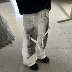 Mens Vintage Pants Buckle Trim Loose Old Jeans MIJKO