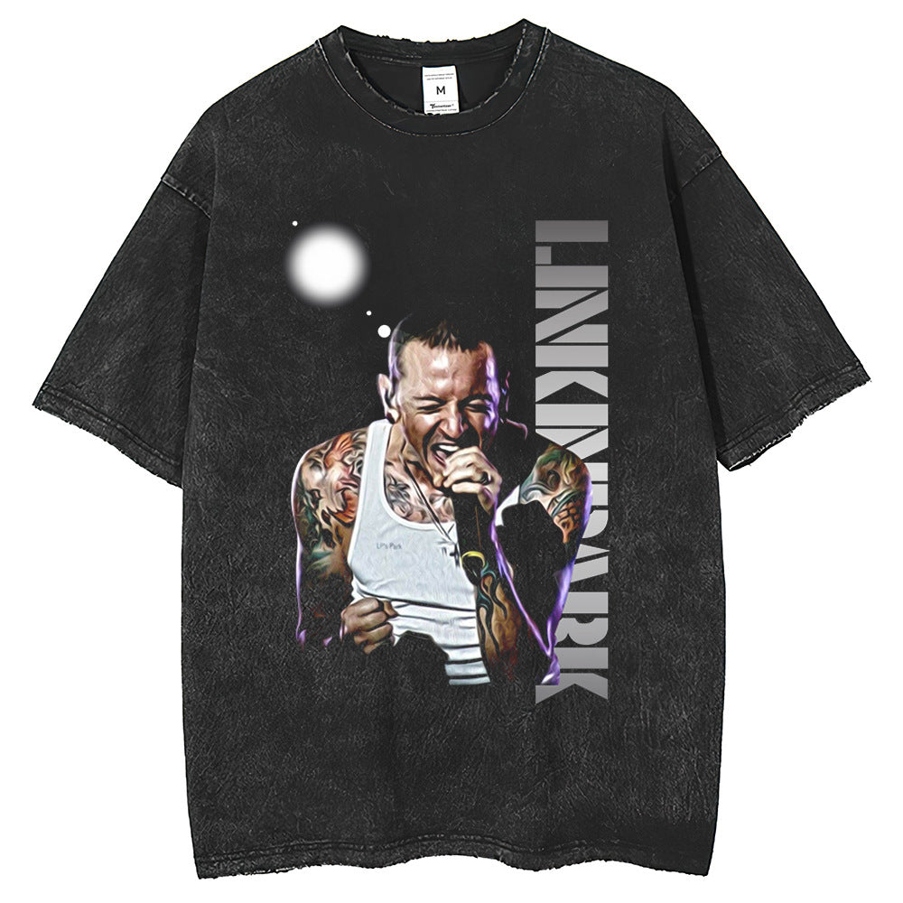 Mens T Shirts American print vintage print fried flower short sleeve T-shirt