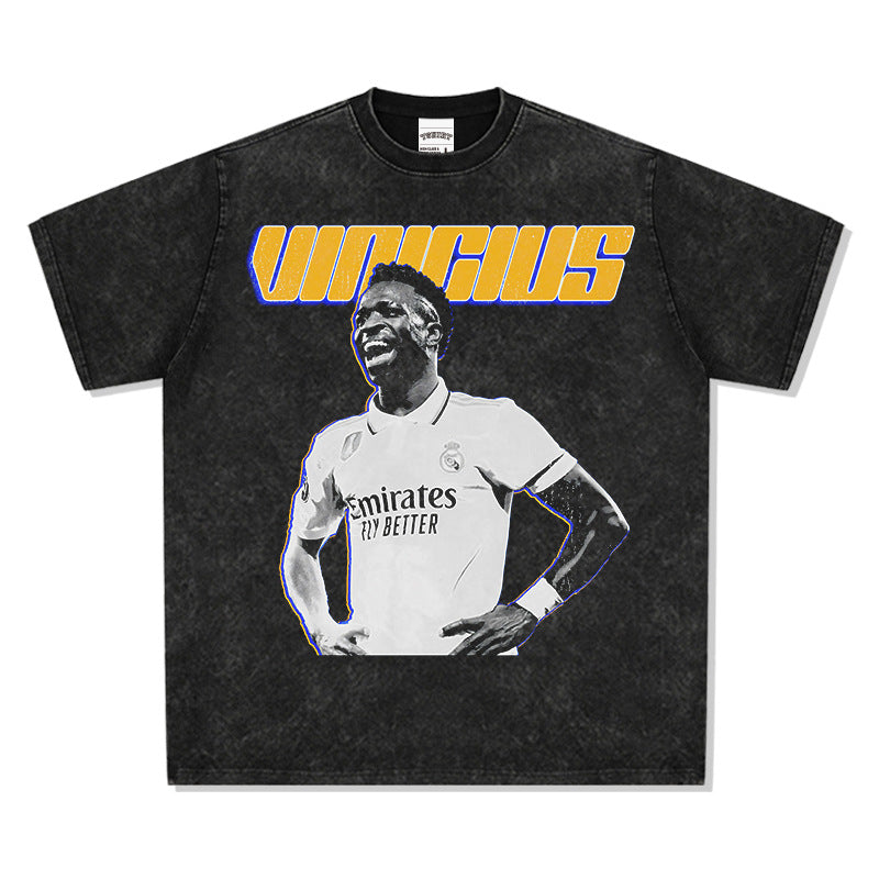 Mens Vintage Football T-Shirt Vintage Vini Jr Vinícius Printed Short Sleeve T-Shirt Washed