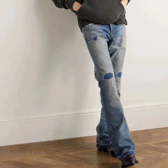 Men Vintage Pants old dirty wash trousers men and women slightly wide-footed jeans tide MIJKO