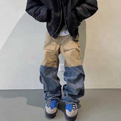 Men's Vintage Pants Men's Women's Spliced Denim Wide-Leg Overalls Bag Casual Pants MIJKO