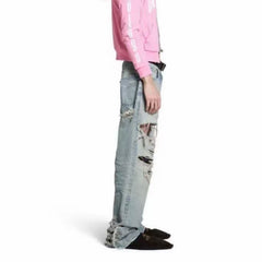 Men's clothing women's hole effect light-colored straight-leg jeans men's and women's same straight-leg washed old trousers blue