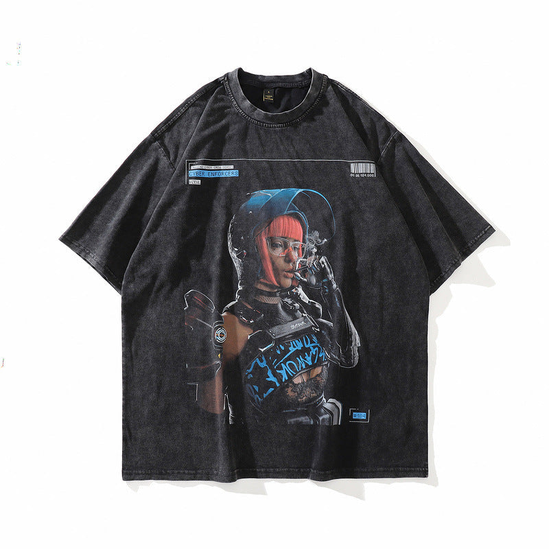 T-shirt homme impression portrait coupe ample manches courtes Hommes et Femmes Street Retro