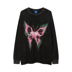 Men Long Sleeve T Shirt Butterfly Print Distressed