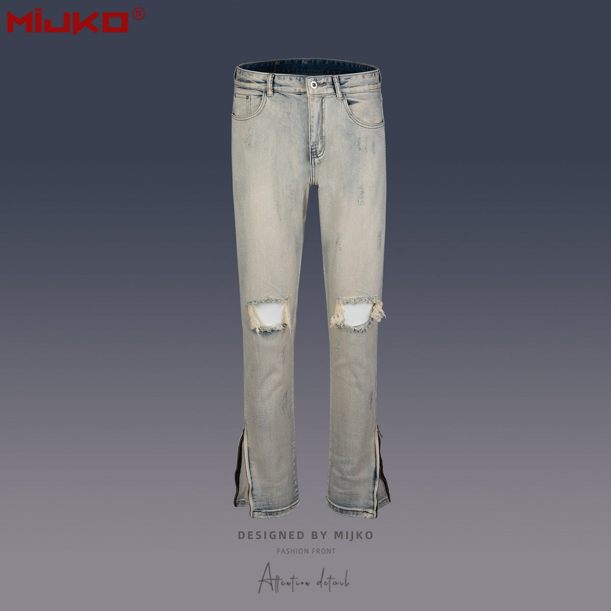 Mens Vintage Pants Zipper Slim Fit Ripped Old Jeans MIJKO