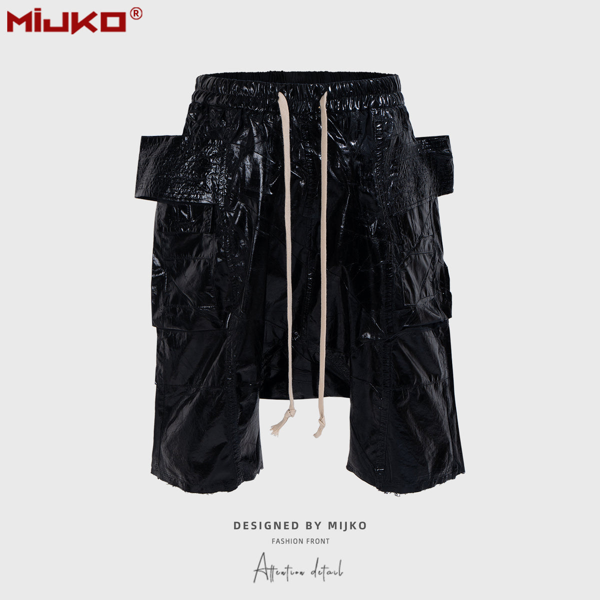 GGGard MIJKO series men's clothing women's spring and summer new brush wax double ring hanging crotch denim five-point pants men's and women's same drawstring waist shorts