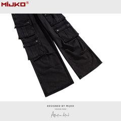 Mens Vintage Pants Multi-pocket Wide-foot Bootcut Jeans MIJKO