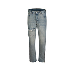 Men Vintage Pants Hip Hop Pocket Trim Zip Washed Jeans MIJKO