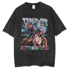 Men T Shirts Vintage Old Travis Scott White Ink Print Loose Short Sleeve T-Shirt