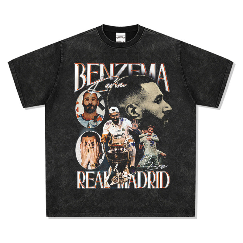Men's Vintage Football T-Shirt benzema Short Sleeve T-Shirt Men's Summer Vintage Loose Loose Top Print