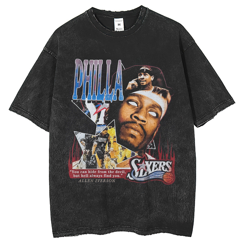 Mens T Shirts Allen Iverson Printed T-Shirt Washed Vintage Customized