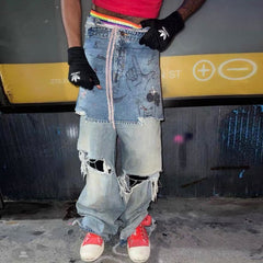 GGGard MIJKO series men's wear women's straight tube tear damage trousers men's and women's same Baggy knife cut silhouette ripped blue jeans