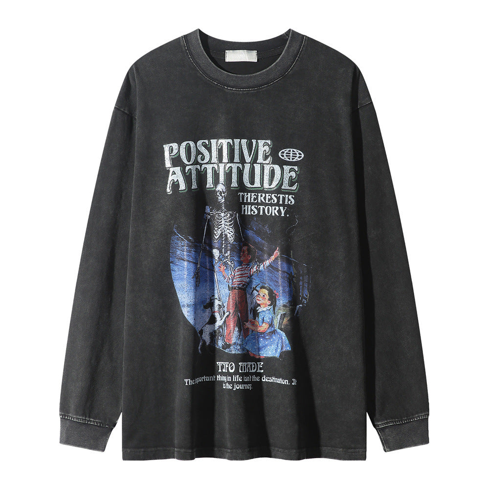 Men Long Sleeve T Shirt Cartoon Characters Printed Washed Old Loose