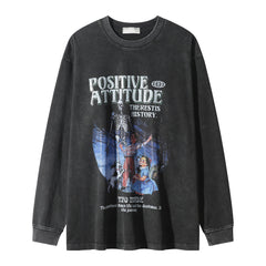 Men Long Sleeve T Shirt Cartoon Characters Printed Washed Old Loose