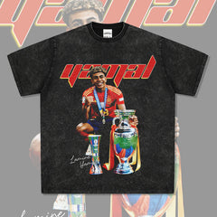 Mens Vintage Football T-Shirt Vintage Lamine Yamal Printed Short Sleeve T-Shirt Washed Cotton Crew Neck