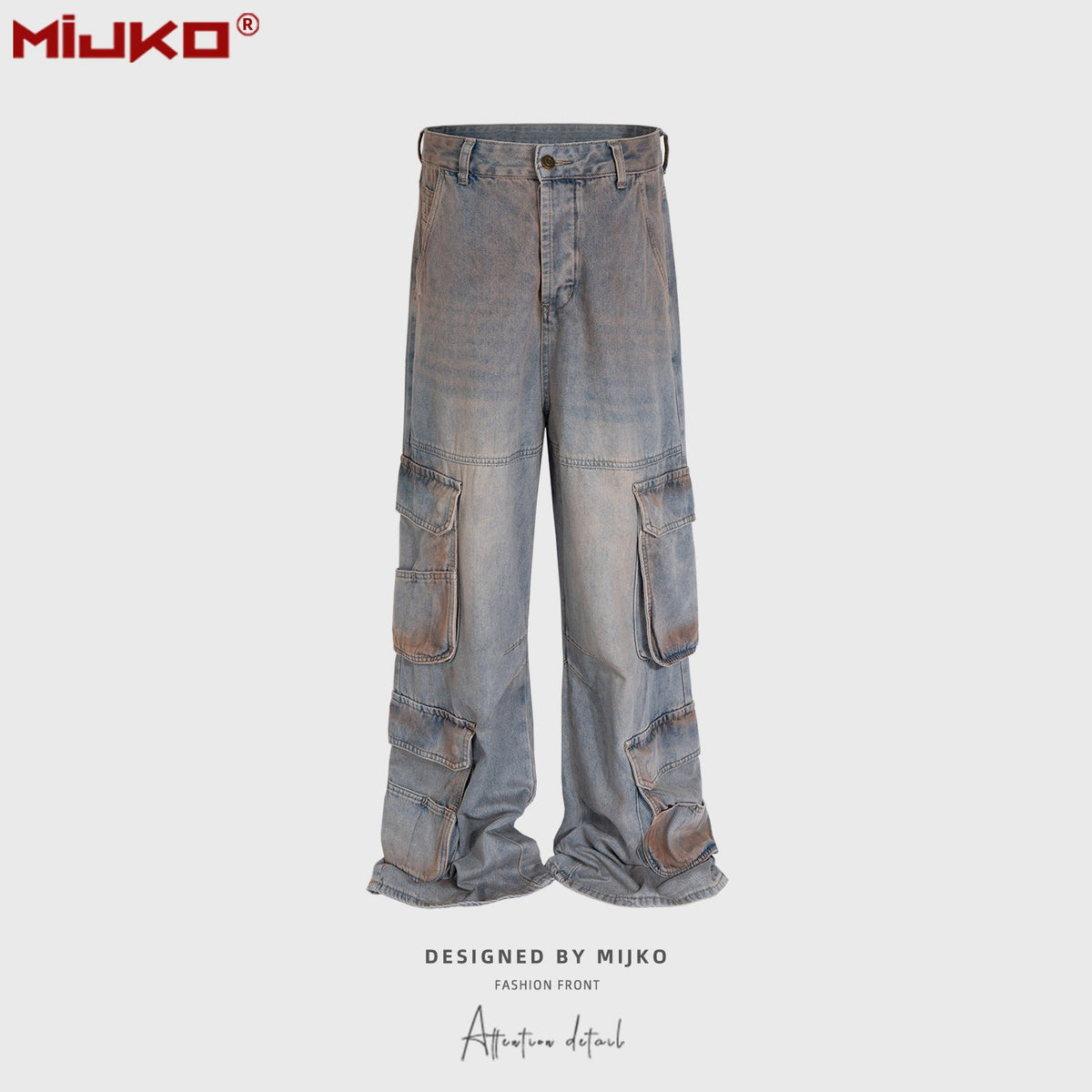 Mens Vintage Pants Multi Pocket Make Old Wide Leg Unisex Jeans MIJKO