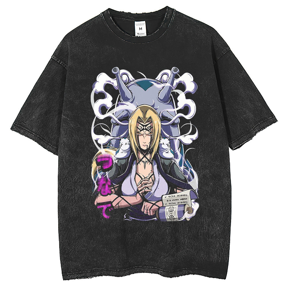 Men T Shirts Hokage Print T-Shirt Retro Old Washed Black