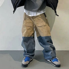 Men's Vintage Pants Men's Women's Spliced Denim Wide-Leg Overalls Bag Casual Pants MIJKO