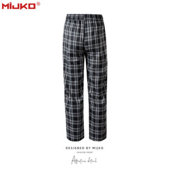 Mens Vintage Pants Drawstring Cotton Casual Plaid Pants MIJKO