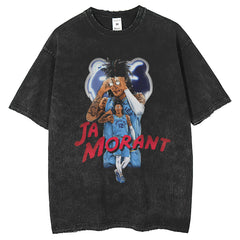 Mens T Shirts Washing T-Shirt Morant Basketball Print Hip Hop Loose
