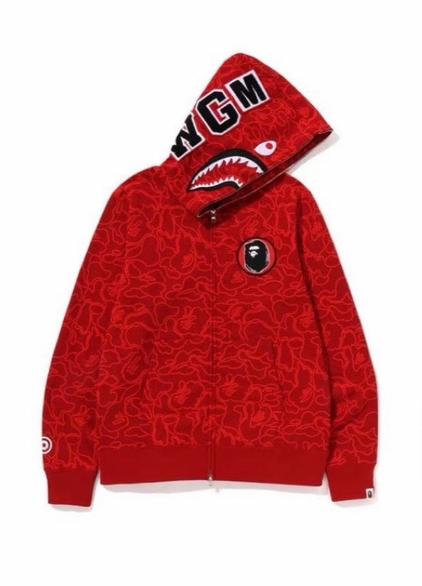 Trendy brand shark head sweater men's camouflage full print 30th anniversary pure cotton thin velvet hooded sweater hoodie
